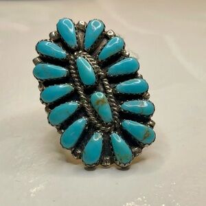 Signed large Zuni turquoise cluster ring sterling silver size 8